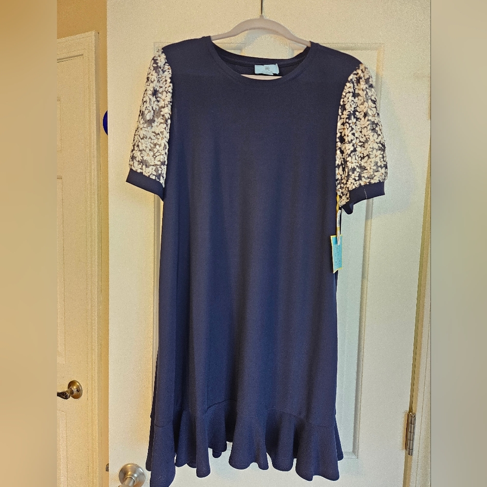 Cece Navy Dress w Sheer Floral Sleeves, Light Flowy Sundress, Knee Length, New!